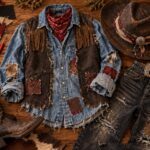 DIY undead cowboy Halloween costume made from a distressed denim shirt, patchwork vest, ripped black jeans, cowboy boots, red bandana, and weathered cowboy hat.