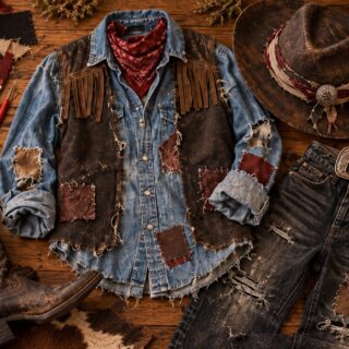 DIY undead cowboy Halloween costume made from a distressed denim shirt, patchwork vest, ripped black jeans, cowboy boots, red bandana, and weathered cowboy hat.