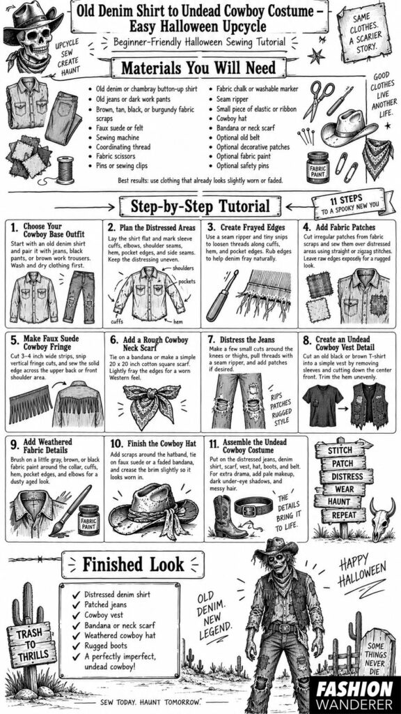 Black-and-white step-by-step infographic showing how to turn an old denim shirt into an undead cowboy costume with distressing, patches, fringe, vest, bandana, and cowboy hat.