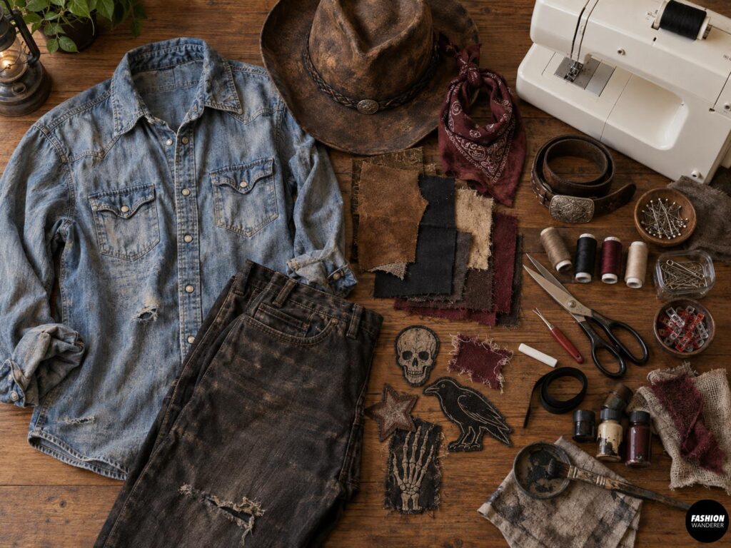 Materials for a DIY undead cowboy costume including denim shirt, black jeans, cowboy hat, red bandana, fabric scraps, thread, scissors, sewing machine, pins, paint, belt, and patches.