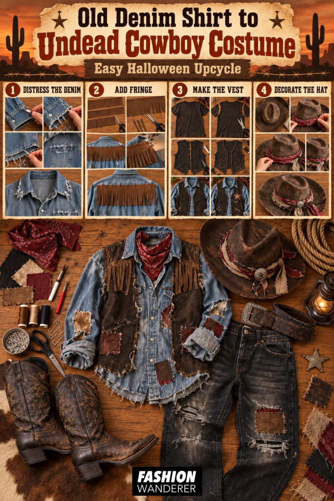 Pinterest tutorial pin for Old Denim Shirt to Undead Cowboy Costume showing denim distressing, faux suede fringe, DIY vest, decorated cowboy hat, and finished Halloween outfit.