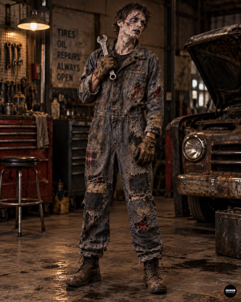 Man wearing a DIY zombie mechanic Halloween costume made from a distressed gray work jumpsuit with torn patches, grease stains, work gloves, boots, zombie makeup, and a wrench in an auto repair garage.