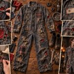 Finished DIY zombie mechanic Halloween costume made from an old distressed jumpsuit with torn fabric, red and plaid patches, contrast stitching, grease stains, work boots, tools, and undead makeup.