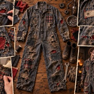 Finished DIY zombie mechanic Halloween costume made from an old distressed jumpsuit with torn fabric, red and plaid patches, contrast stitching, grease stains, work boots, tools, and undead makeup.