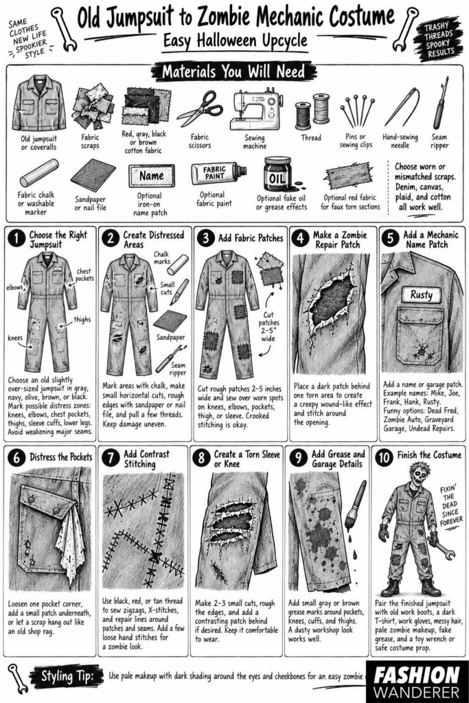 Black-and-white sewing infographic for turning an old jumpsuit into a zombie mechanic Halloween costume, with materials and 10 beginner-friendly steps for distressing, patching, stitching, weathering, and styling.