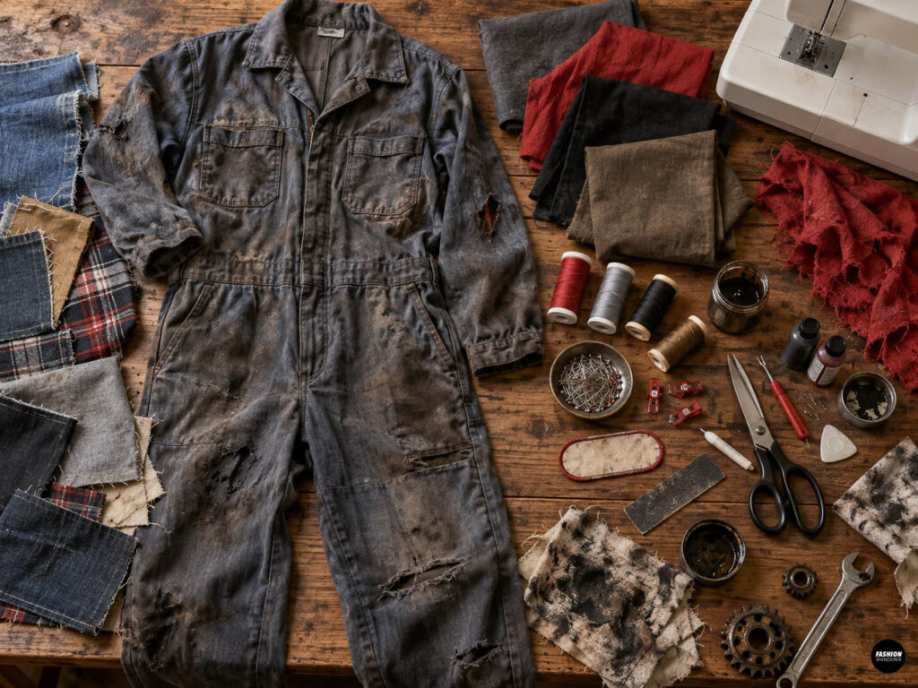 Materials flat lay for an old jumpsuit to zombie mechanic costume featuring a distressed gray jumpsuit, fabric scraps, red and black thread, sewing tools, scissors, pins, paint, name patch, wrench, and garage-inspired supplies.