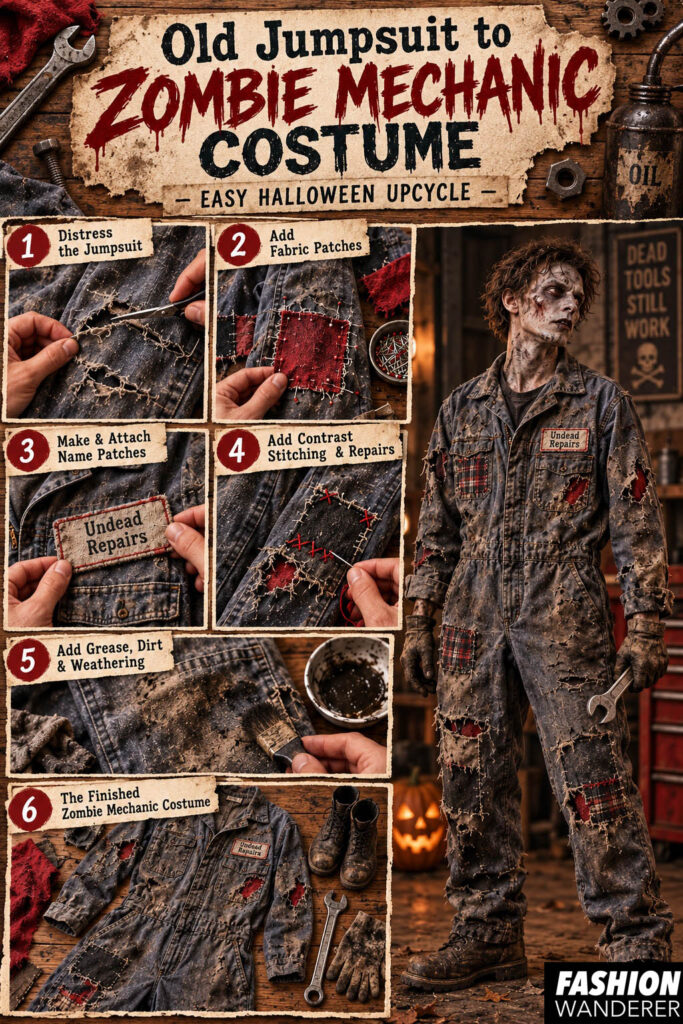 Vertical Pinterest tutorial pin for an old jumpsuit to zombie mechanic costume showing six DIY steps including distressing fabric, adding patches, sewing name patches, contrast stitching, weathering, and the finished Halloween costume.