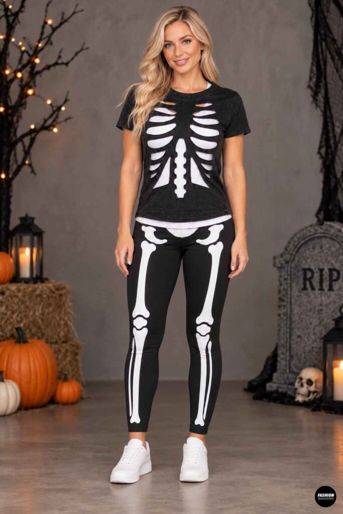 Blonde woman wearing a black skeleton cutout T-shirt over a white layer with black skeleton-print leggings and white sneakers in a Halloween studio with pumpkins, candles, skulls, and a tombstone.