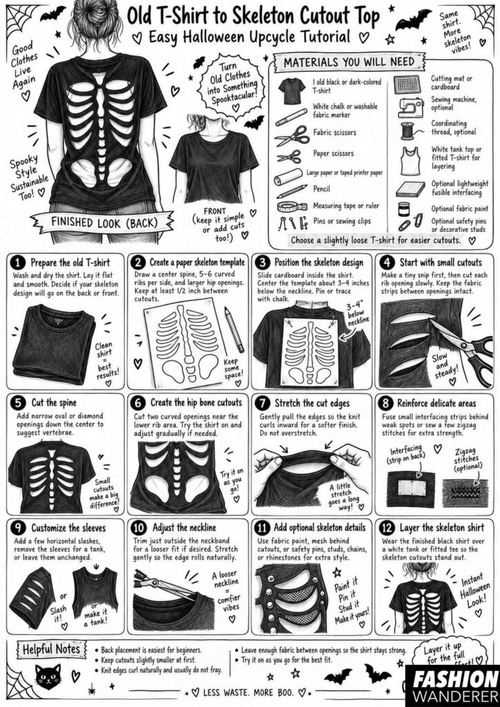 Black-and-white sewing infographic showing how to turn an old T-shirt into a skeleton cutout Halloween top with 12 beginner-friendly DIY upcycle steps.