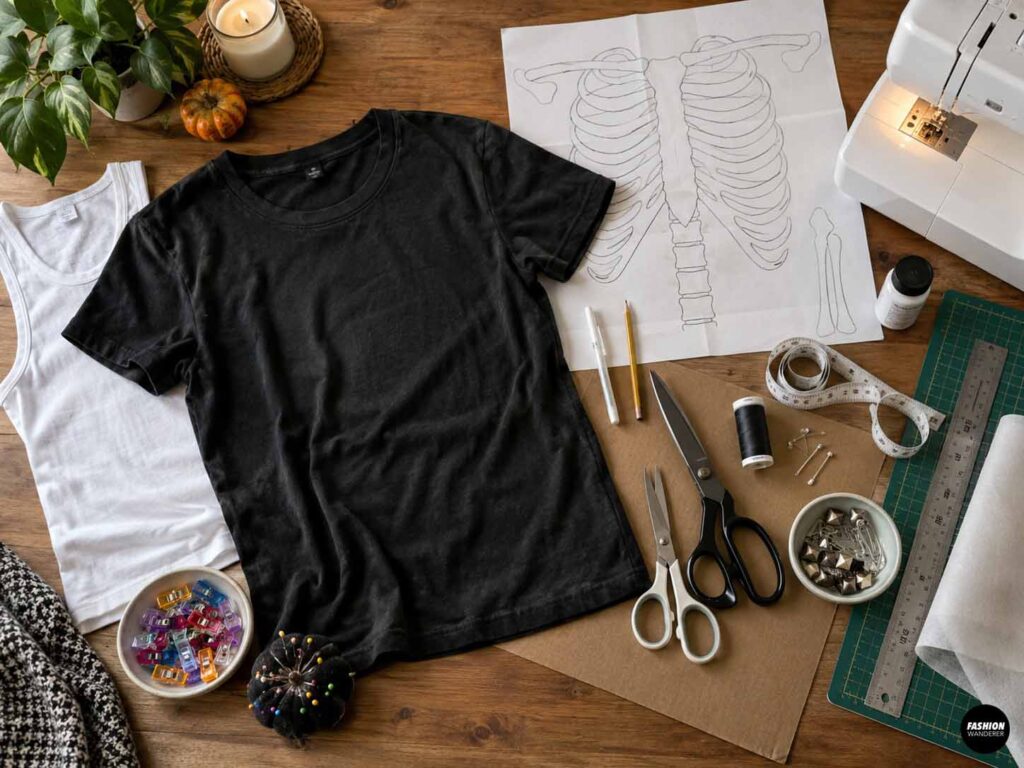 Flat lay of supplies for a DIY skeleton cutout T-shirt including a black shirt, white tank top, skeleton template, scissors, chalk, thread, measuring tape, pins, cutting mat, and sewing machine.