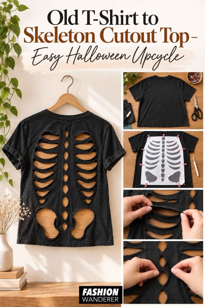 Vertical Pinterest graphic for an Old T-Shirt to Skeleton Cutout Top Halloween upcycle featuring the finished black skeleton shirt and close-up tutorial steps.