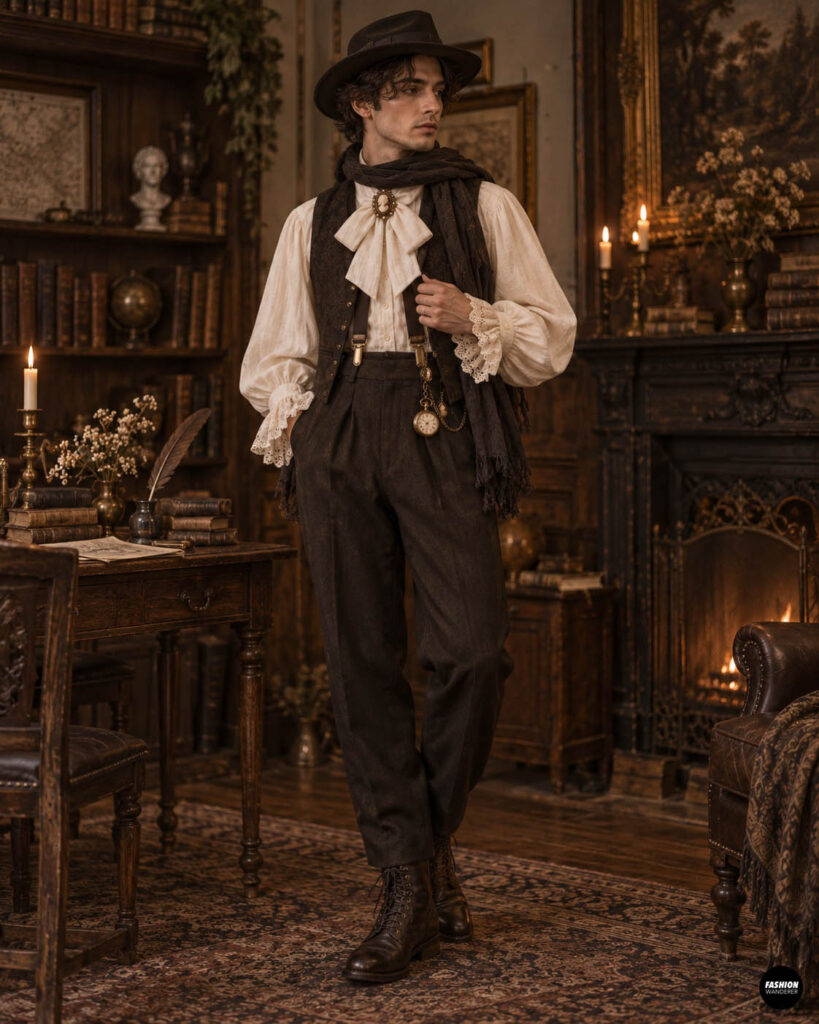 Man wearing a retro 1970s disco vampire Halloween costume with a red patterned shirt, black flared pants, velvet vampire cape, red pendant necklace, platform shoes, and gothic candlelit décor.
