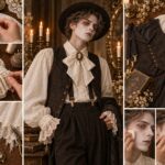 Victorian ghost gentleman costume made from an upcycled white shirt with lace collar, ruffled cuffs, fabric cravat, cameo brooch, dark vest, suspenders, trousers, and vintage ghost makeup.