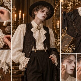 Victorian ghost gentleman costume made from an upcycled white shirt with lace collar, ruffled cuffs, fabric cravat, cameo brooch, dark vest, suspenders, trousers, and vintage ghost makeup.