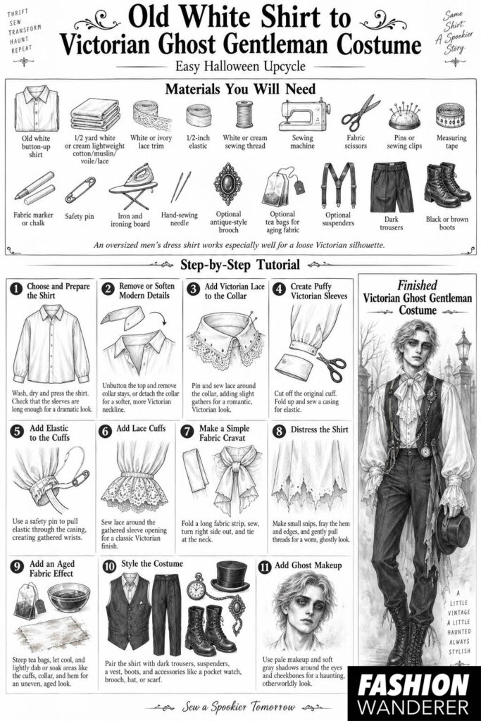 Black-and-white sewing infographic showing how to transform an old white shirt into a Victorian ghost gentleman Halloween costume with lace collar, puffy sleeves, ruffled cuffs, cravat, distressed fabric, aged tea staining, styling, and ghost makeup.