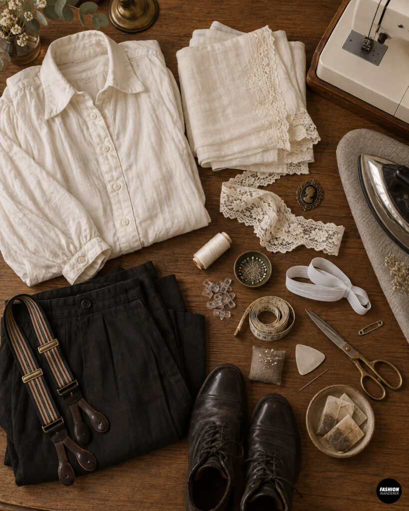 Materials for a DIY Victorian ghost gentleman costume including an old white button-up shirt, cream lace, white fabric, elastic, thread, sewing tools, black trousers, suspenders, boots, tea bags, and vintage cameo brooch.