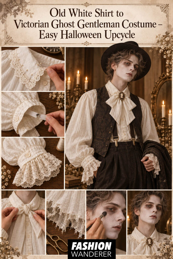 Pinterest tutorial collage for Old White Shirt to Victorian Ghost Gentleman Costume, showing lace collar, elastic sleeve gathering, lace cuffs, fabric cravat, distressed hem, ghost makeup, and finished Halloween outfit.