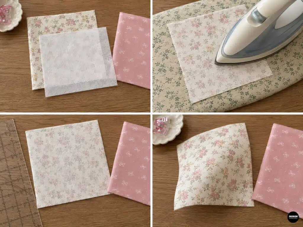Step-by-step collage showing lightweight interfacing cut to fit a floral fabric bow piece and fused to the wrong side with an iron to add structure to the DIY fabric bow.