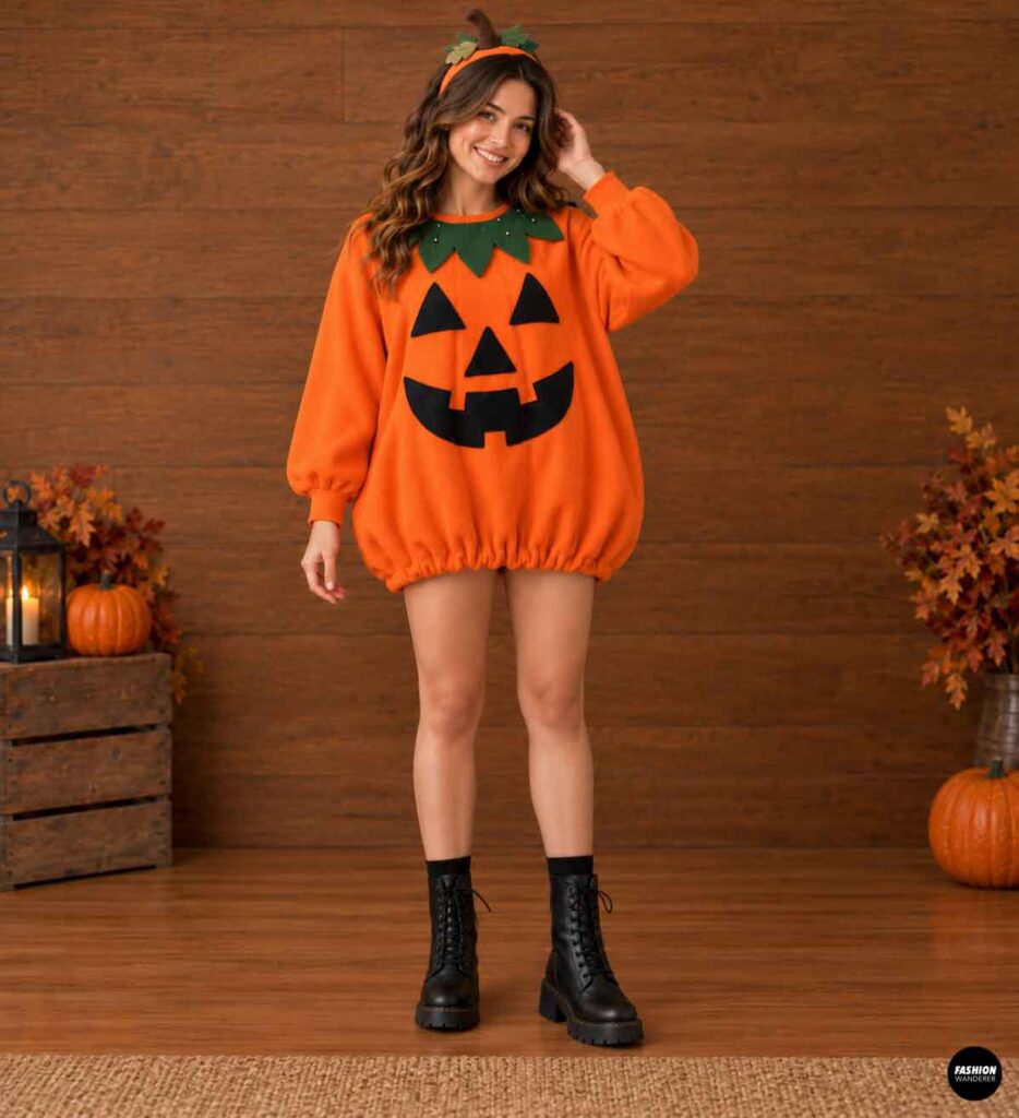 Woman wearing an oversized orange pumpkin sweatshirt dress with a black jack-o&rsquo;-lantern face, green felt leaf collar, pumpkin stem headband, and black lace-up boots in a fall Halloween setting with pumpkins and autumn leaves.