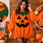 Woman wearing a DIY orange sweatshirt pumpkin dress with black jack-o’-lantern face, green felt leaf collar, and gathered balloon hem, surrounded by close-up sewing tutorial images.