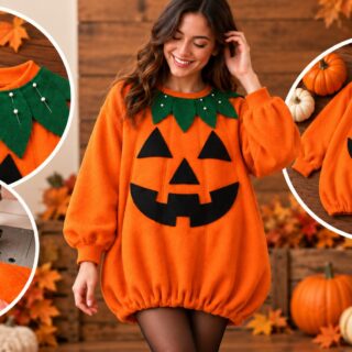 Woman wearing a DIY orange sweatshirt pumpkin dress with black jack-o’-lantern face, green felt leaf collar, and gathered balloon hem, surrounded by close-up sewing tutorial images.