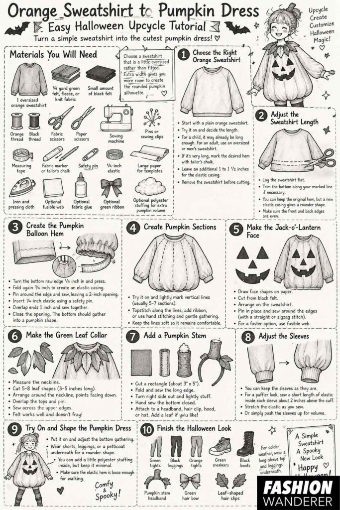 Black-and-white step-by-step infographic showing how to turn an oversized orange sweatshirt into a pumpkin dress with a balloon hem, pumpkin sections, felt face, green leaf collar, and stem headband.