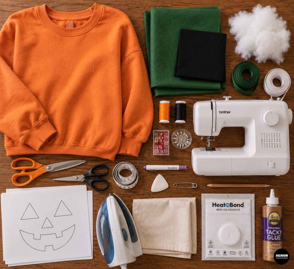 Flat lay of supplies for a DIY orange sweatshirt pumpkin dress, including orange sweatshirt, green and black felt, elastic, thread, scissors, sewing machine, stuffing, paper templates, iron, and fabric glue.