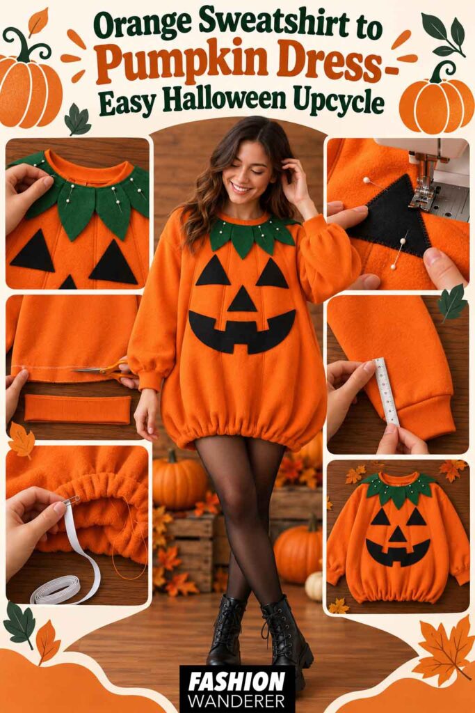 Vertical Pinterest collage for an orange sweatshirt to pumpkin dress Halloween upcycle featuring a woman modeling the finished jack-o’-lantern costume and sewing steps for the leaf collar, felt face, hem, and sleeves.