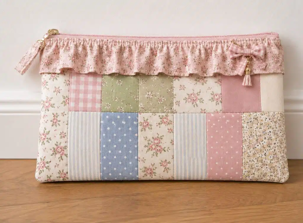 DIY patchwork ruffle zipper pouch made with pastel floral, gingham, striped, and polka dot fabric scraps, finished with a floral ruffle, bow charm, and pink zipper.