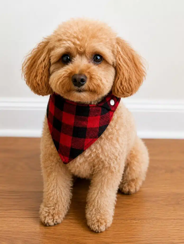 DIY reversible dog bandana in red and black buffalo plaid fabric with snap closure, modeled by a small curly-haired dog for an easy beginner sewing project.