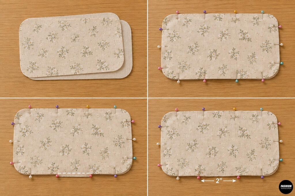 Floral fabric pieces layered right sides together and secured with sewing pins, leaving a 2-inch opening for turning.