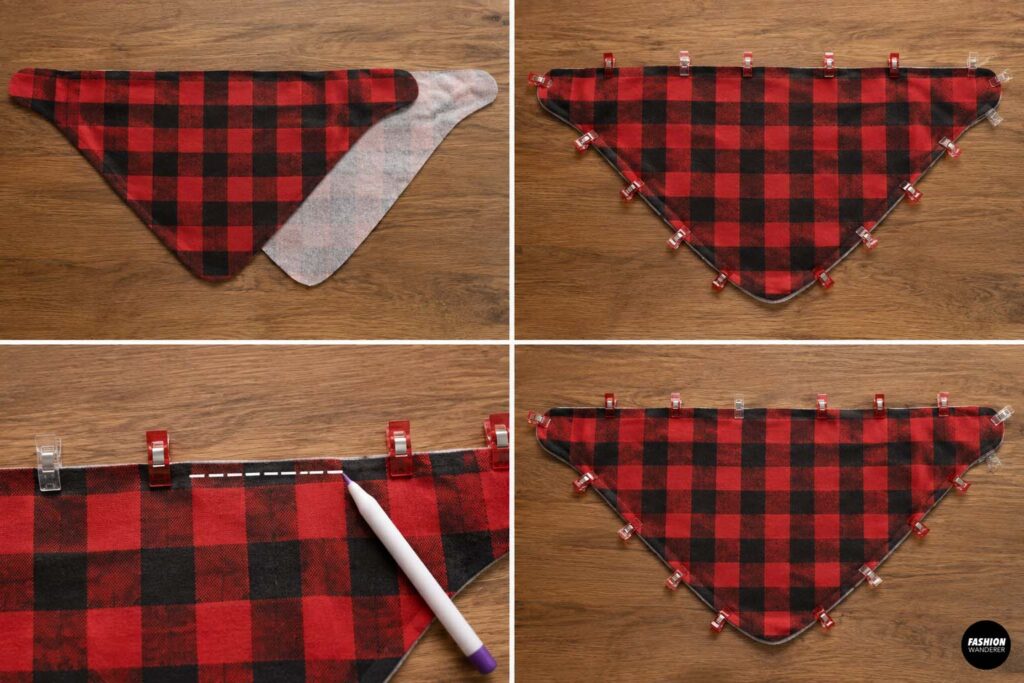 Red buffalo plaid dog bandana fabric pieces placed right sides together and secured around the edges with sewing clips in preparation for stitching.