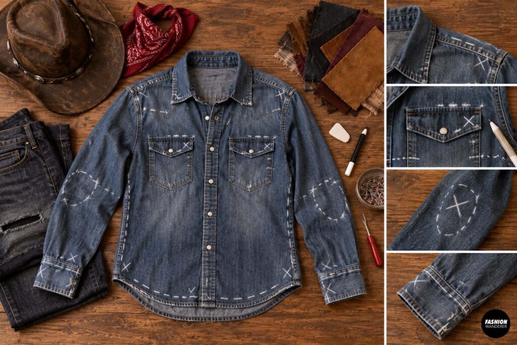 DIY undead cowboy denim shirt with chalk markings showing planned distressing on the collar, pockets, sleeves, cuffs, seams, and hem.