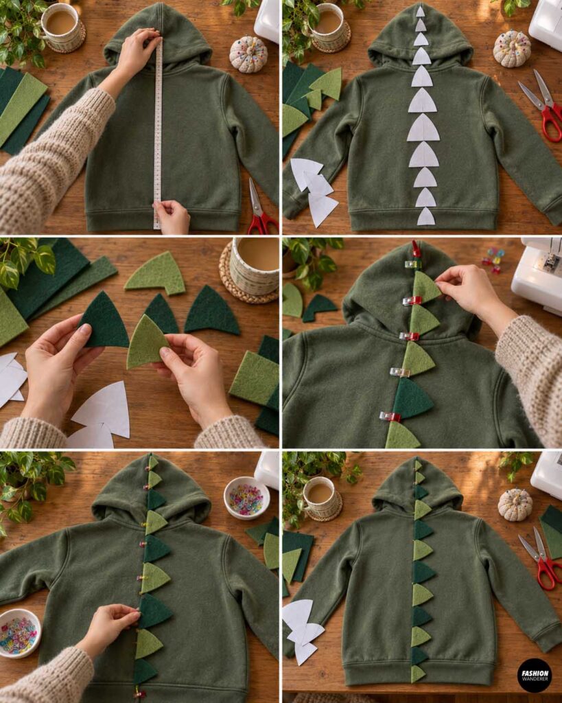 Green hoodie measured from the top of the hood down the center back while paper spike shapes are arranged along the seam to plan the size, spacing, and placement of dinosaur spikes.