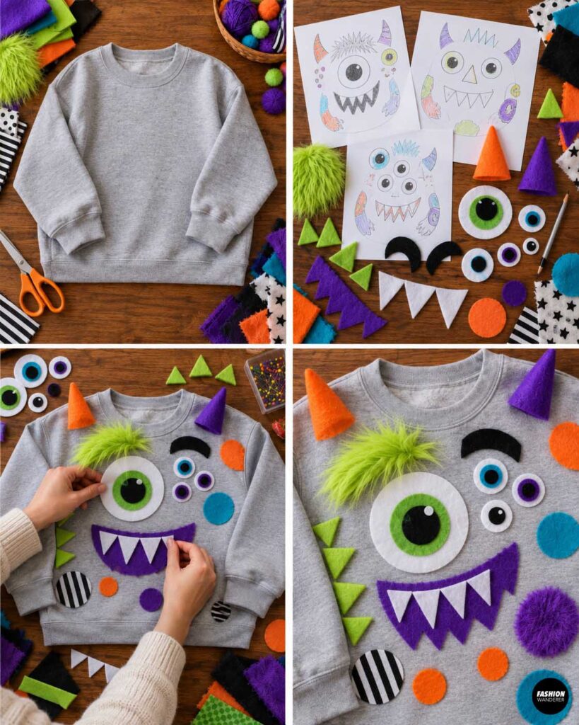 Gray sweatshirt surrounded by colorful felt, faux fur, pom-poms, and fabric scraps, with hand-drawn monster sketches used to plan eyes, horns, teeth, spikes, and other decorations.