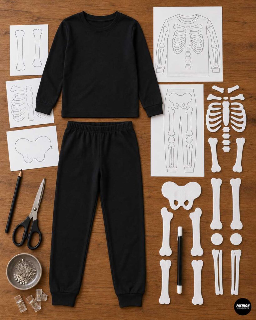 Black pajama set arranged beside paper skeleton drawings and white bone cutouts, showing the planned placement of ribs, spine, arm bones, pelvis, and leg bones.