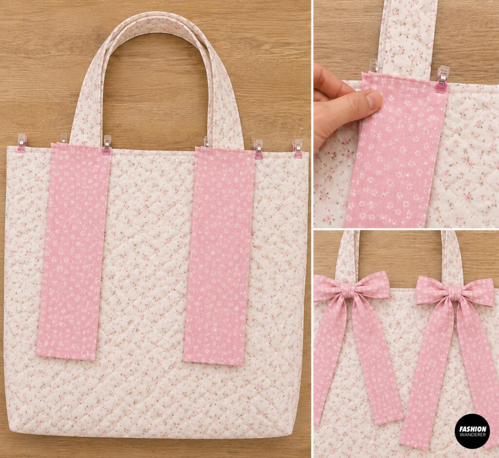 Quilted bow tote bag tutorial showing long pink floral fabric ties clipped to the top edge and tied into decorative oversized bows beside the handles.