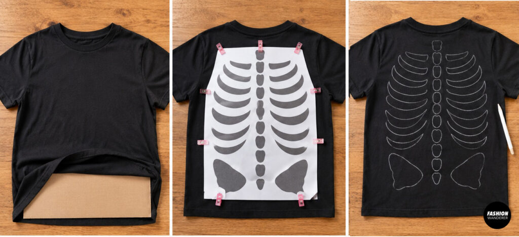 Skeleton rib cage paper template positioned on the back of a black T-shirt and traced with white fabric chalk.