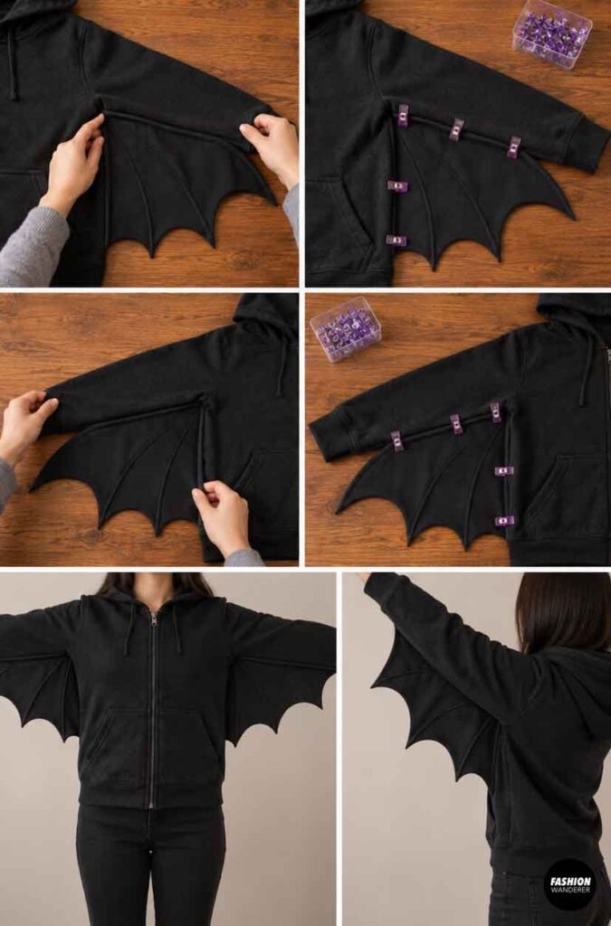 Black bat wing panel aligned between the sleeve and side of a black zip-up hoodie, secured with sewing clips to check placement before stitching.