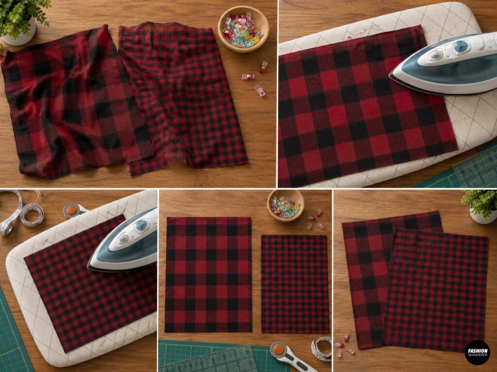 Collage showing red and black buffalo plaid fabrics being prepared and pressed with an iron on an ironing board before cutting a reversible dog bandana.