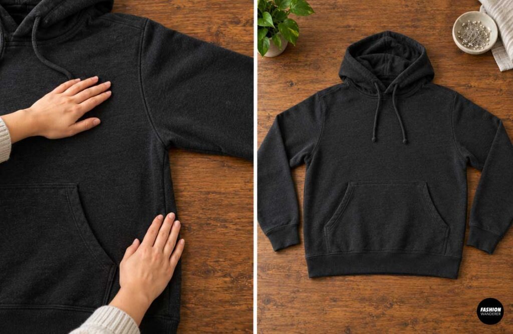 Black pullover hoodie laid flat on a wooden table while hands smooth the fabric, showing the hoodie ready to be transformed into a DIY bat costume.