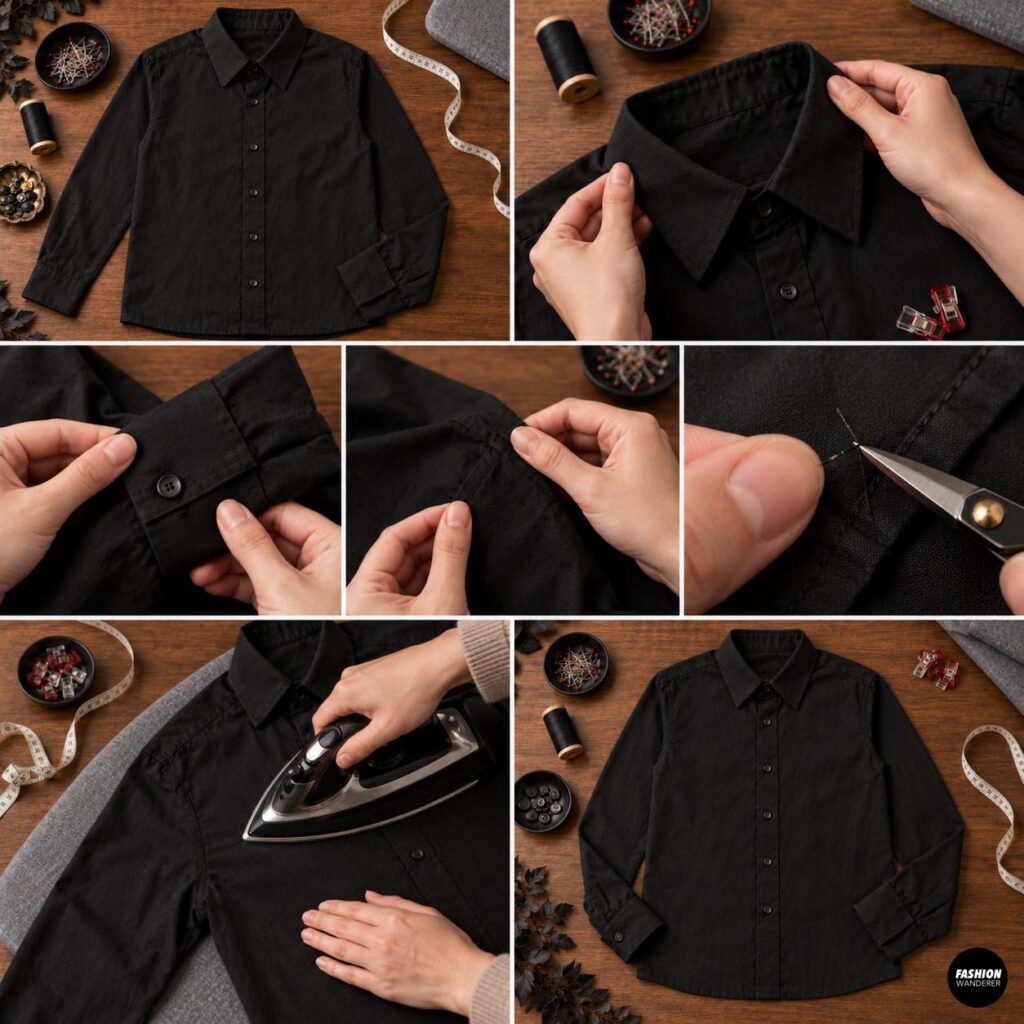 Black button-up shirt preparation collage showing the shirt laid flat, collar and cuffs inspected, loose threads trimmed, and fabric pressed with an iron before the vampire upcycle.
