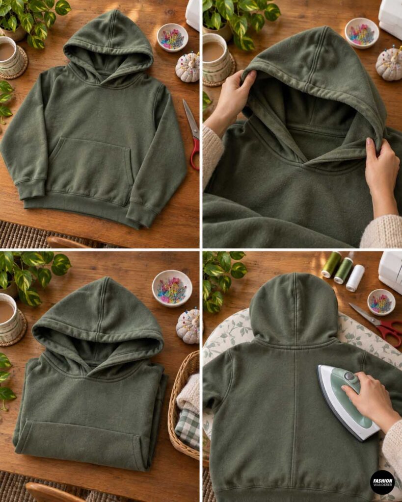 Olive green pullover hoodie laid flat on a wooden table, inspected around the hood and lightly pressed to prepare it for a DIY dinosaur costume.