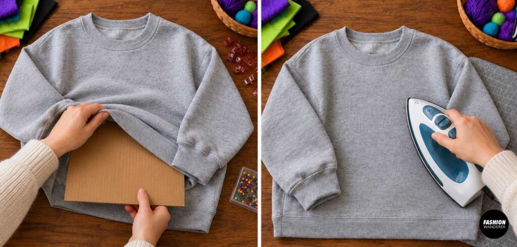 Gray sweatshirt laid flat on a wooden table while cardboard is inserted inside to protect the layers, followed by pressing the fabric smooth with an iron before decorating.