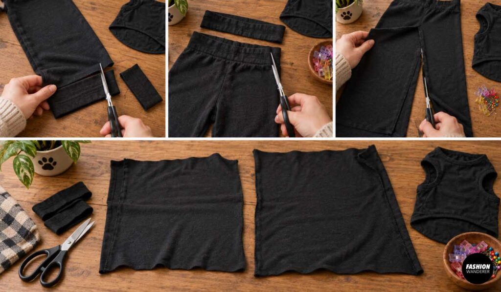 Collage showing black leggings being cut at the cuffs, waistband, and inner seams to create flat fabric panels for an upcycled DIY dog spider Halloween costume.