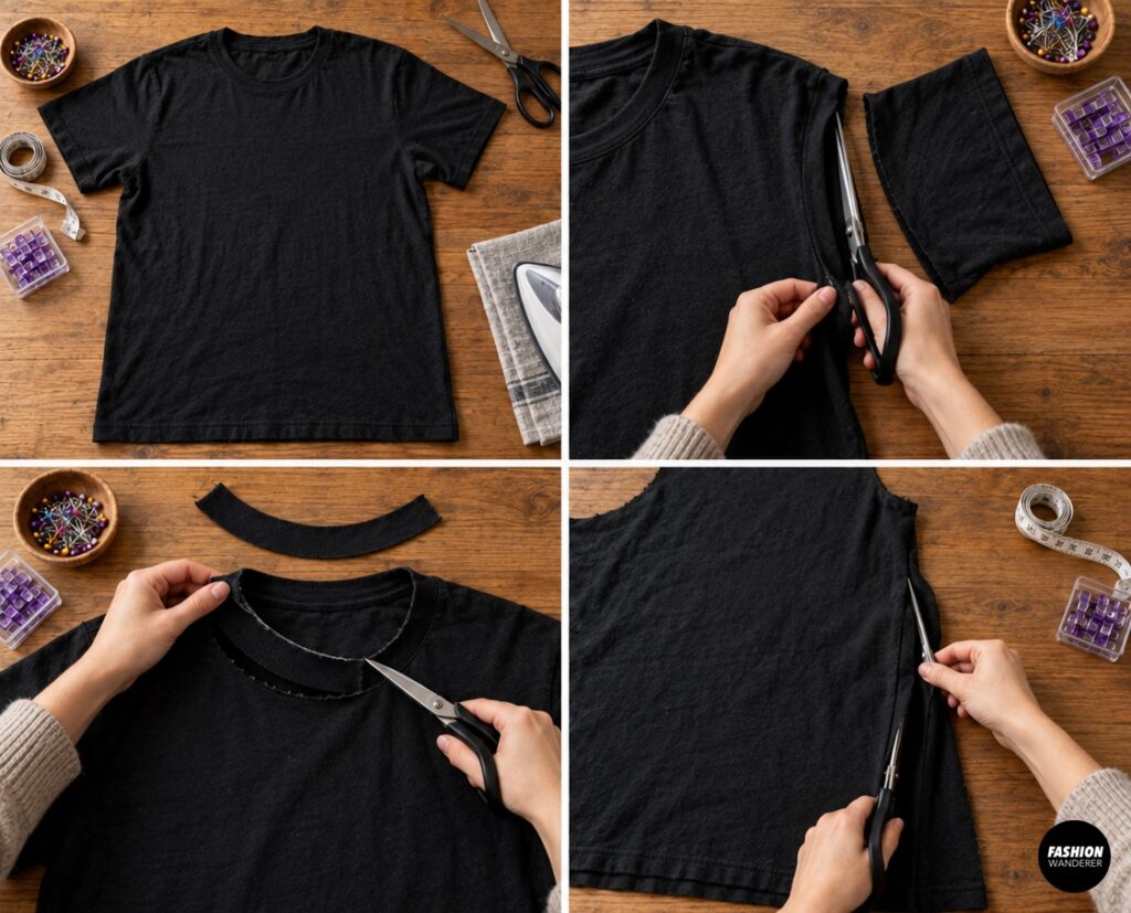 Collage showing an old black T-shirt laid flat and being trimmed by cutting off the sleeves, neckline, and side seams to prepare fabric for a DIY dog bat wing harness.