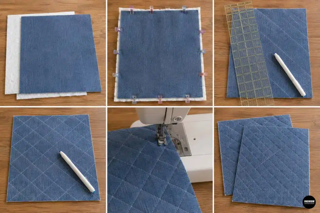 Step-by-step collage showing blue outer fabric layered with batting, clipped together, marked with diagonal quilting lines, stitched on a sewing machine, and finished as two diamond-quilted panels.