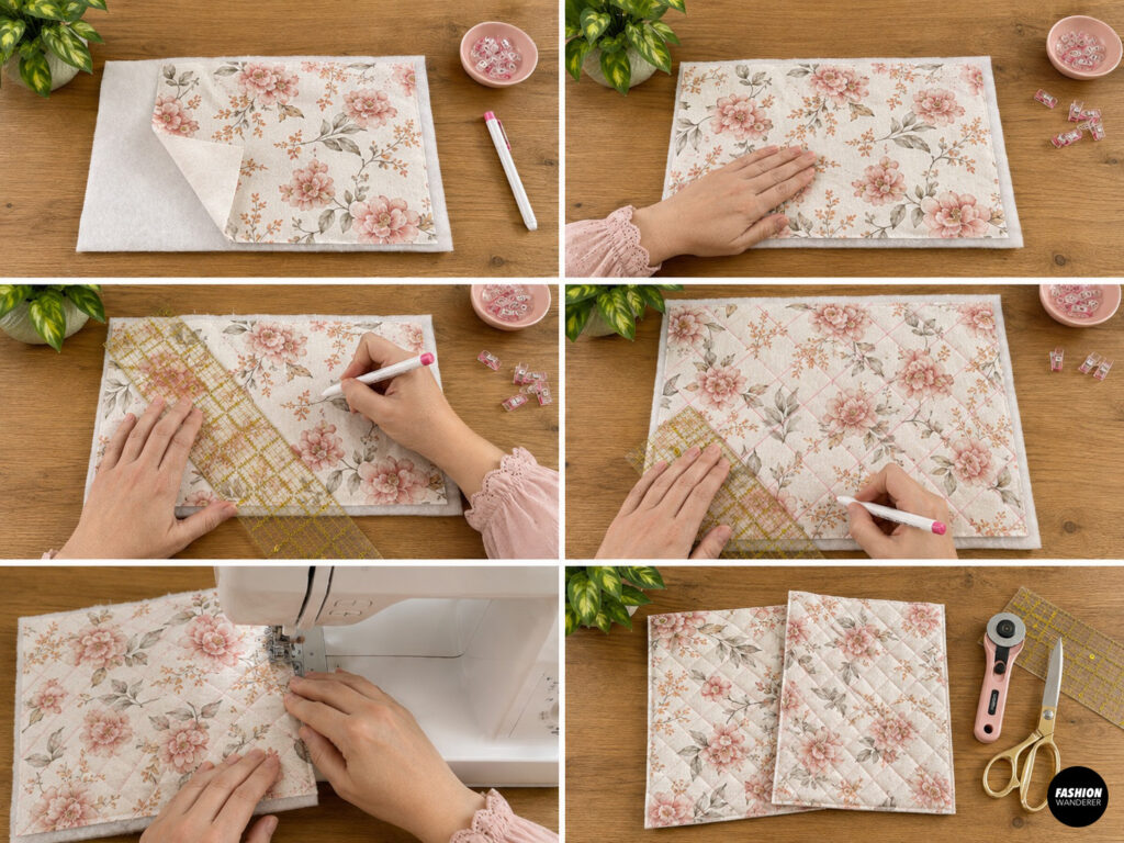 DIY quilted bow tote bag tutorial showing floral cotton layered over batting, marked with diagonal quilting lines and sewn into two quilted exterior panels.