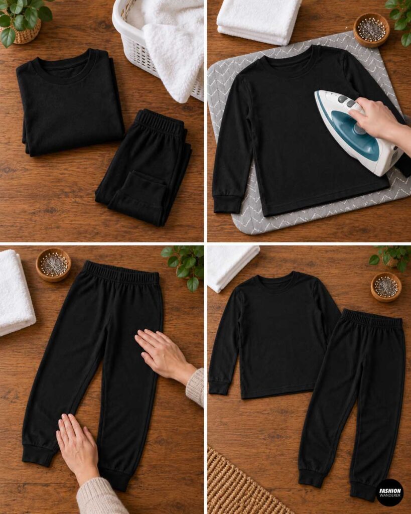 Black long-sleeve pajama top and matching pants are laid out, smoothed, and lightly pressed on a wooden table to prepare them for a DIY skeleton Halloween costume.