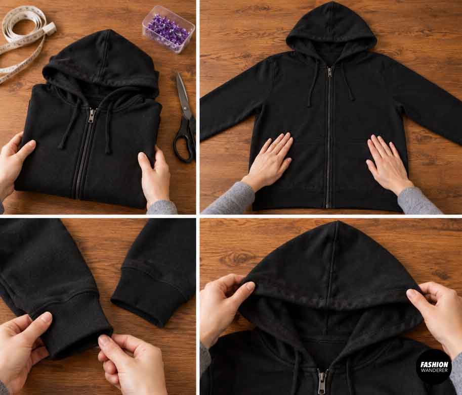 Black zip-up hoodie laid flat on a wooden table, showing the hood, zipper, sleeves, cuffs, and pockets while preparing it for a DIY bat costume.